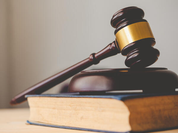 Gavel resting on top of a brown law book